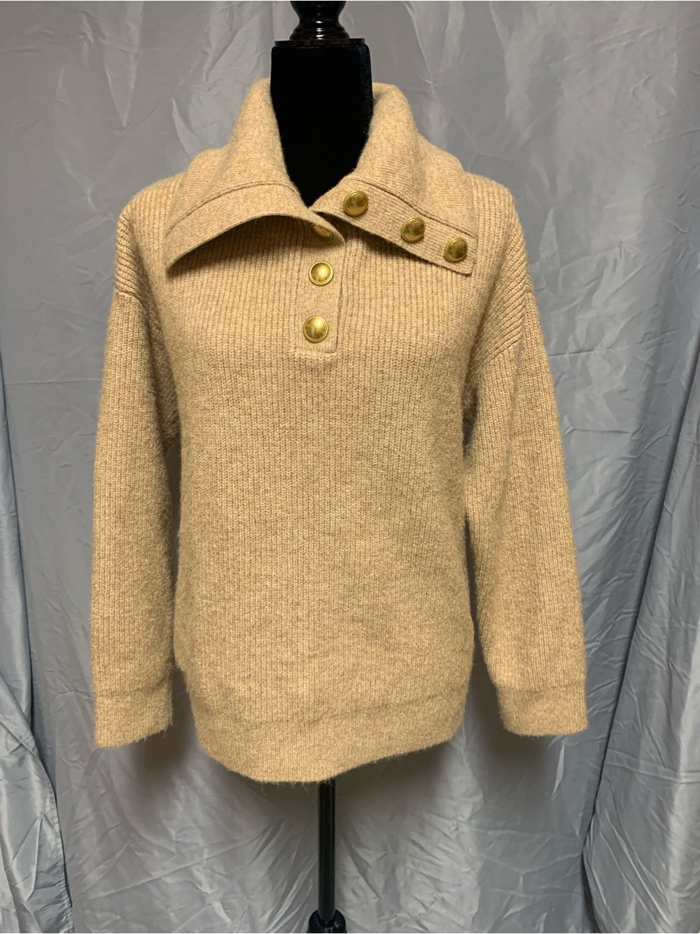 Cozy Beige Button-Detail Cowl Sweater